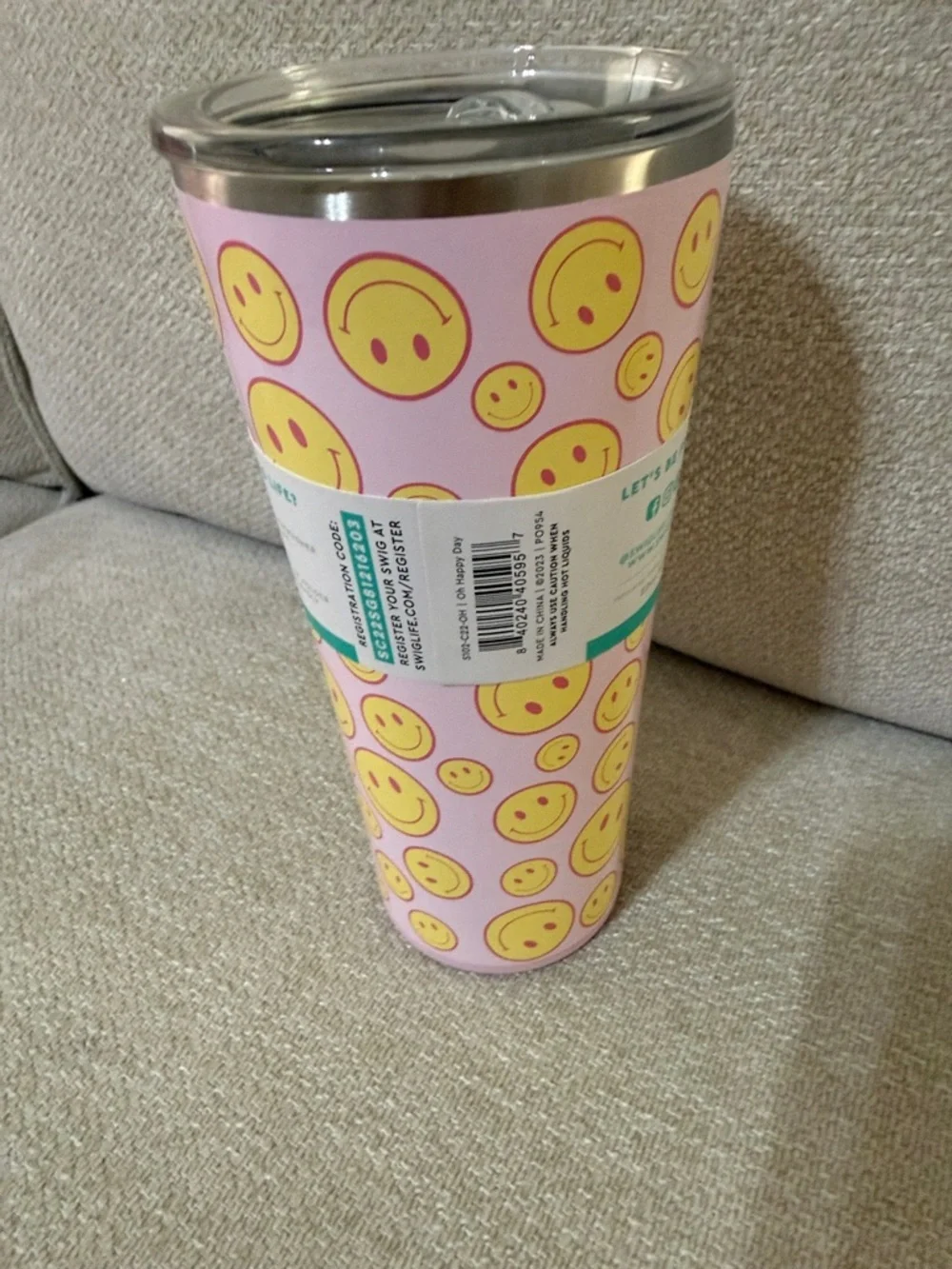 Swig Life Pink Smiley Stainless Tumbler - Insulated Coffee Travel Cup